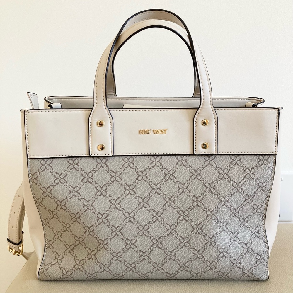 Nine West Cream and Beige Handbag with Crossbody Strap, Card Case & Gold Accents